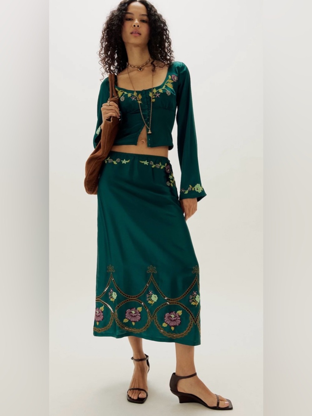 Free People Satin Emerald Green Embroidered Maxi Skirt Set
